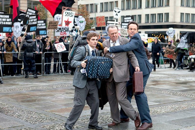 Small businessman Dan Trunkman (Vince Vaughn) and his inept employees Mike Pancake (Dave Franco) and Timothy McWinters (Tom Wilkinson) try to conduct some business in Europe in Unfinished Business.