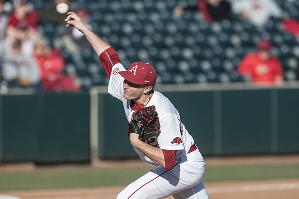 Arkansas sophomore Zach Jackson throws a pitch during a game against Loyola Marymount on Friday, March 6, 2015, at Baum Stadium in Fayetteville. 