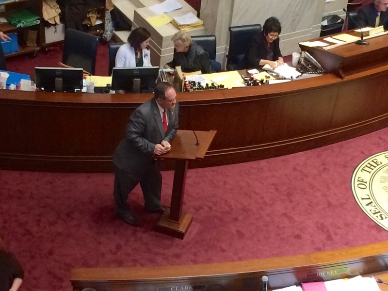 Sen. Jimmy Hickey, R-Texarkana, takes questions about Senate Bill 5, which changes the eligibility requirements and lowers the amount of the Arkansas Academic Challenge scholarship. 