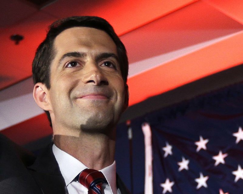 FILE - In this Nov. 4, 2014 file photo, then-Sen.-elect Tom Cotton, R-Ark.  waves at his election watch party in North Little Rock, Ark., after defeating incumbent Sen. Mark Pryor. Forty-seven Republican senators warned Monday that any agreement the Obama administration strikes with Iran to limit Tehran's nuclear program may be short-lived unless Congress approves the deal. In an open letter to Iranian leaders, Cotton and 46 other Republicans said that without congressional approval, any deal between Iran and the U.S. would be merely an agreement between President Barack Obama and Iran's supreme leader, Ayatollah Ali Khamenei. (AP Photo/Danny Johnston, File)