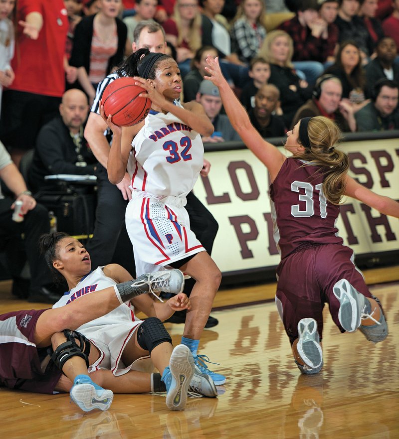 NWA Democrat-Gazette/ANTHONY REYES &#8226; @NWATONYR Mayse Pippin (right) Siloam Springs senior slips Tuesday while trying to steal the ball from Kourtney Junior, Little Rock Parkview sophomore, at the Panther Athletic Center in Siloam Springs.