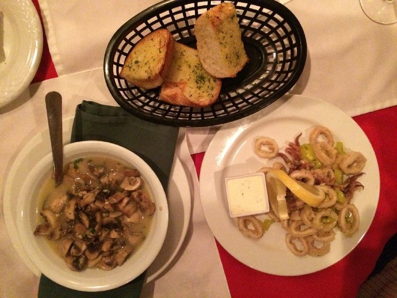 Sauteed mushrooms (left) and calamari, tossed with pepperoncini slices and served with a nice cream condiment, are appetizers at Zaffino’s.