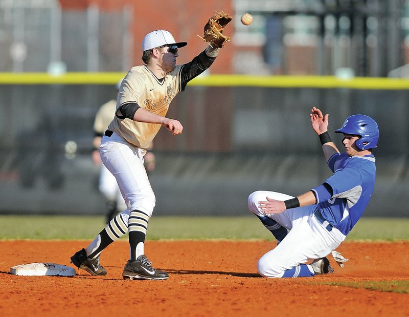 NWA Democrat-Gazette/ J.T. WAMPLER Blake Werner of Bentonville catches Conway&#8217;s Grayson Pinkett out at second base Wednesday during the Best Sports Invitational in Bentonville.