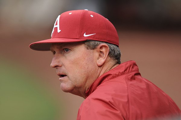 Arkansas coach Dave Van Horn watches from the dugout during a game against Gonzaga on Tuesday, March 10, 2015, at Baum Stadium in Fayetteville. 