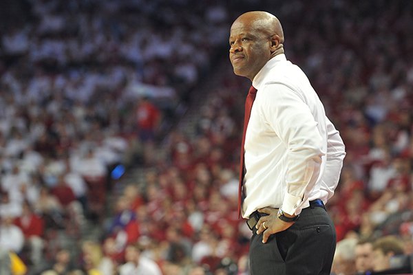 Arkansas coach Mike Anderson watches from the sideline during a game against LSU on Saturday, March 7, 2015, at Bud Walton Arena in Fayetteville. 