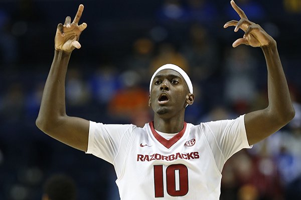 Arkansas forward Bobby Portis (10) celebrates a basket against Tennessee during the first half of an NCAA college basketball game in the quarterfinal round of the Southeastern Conference tournament, Friday, March 13, 2015, in Nashville, Tenn. (AP Photo/Steve Helber)
