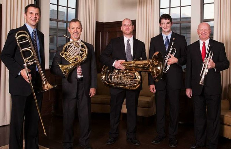 Boston Mountain Brassworks — (from left) Cory Mixdorf, trombone; Timothy Thompson, horn; Benjamin Pierce, tuba; and Chase Teague and Richard Rulli, trumpets — perform Monday at the University of Arkansas at Fayetteville.