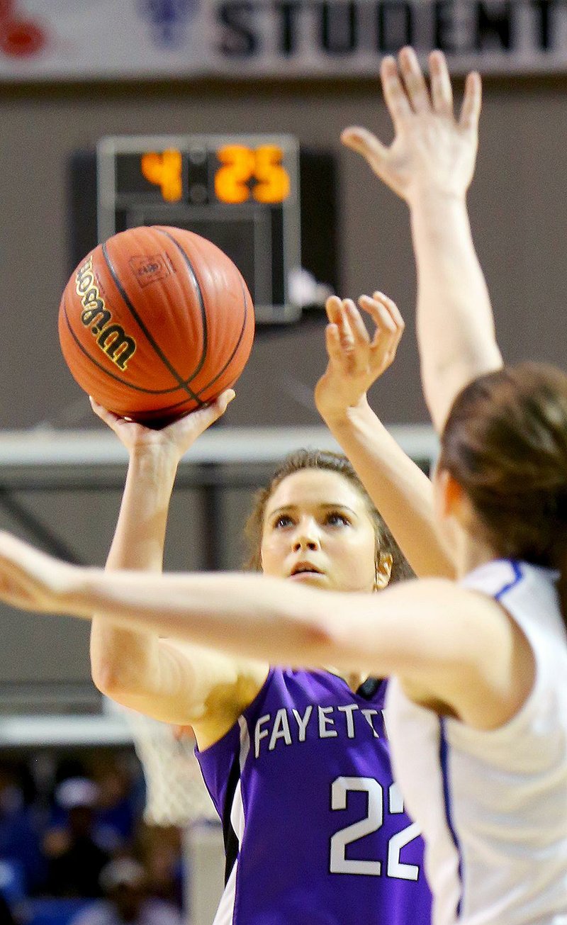 Fayetteville senior guard Sydney Crockett (22) finished 7 of 17 from the floor, including 6 of 11 from three-point range, and scored 23 points to lead the Lady Bulldogs to an 80-65 victory over Conway and earn MVP honors in the Class 7A state championship game in Hot Springs on Saturday. 