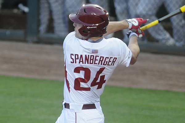 Arkansas designated hitter Chad Spanberger bats during the Razorbacks' game against Southeast Missouri State on Tuesday, March 17, 2015, at Baum Stadium in Fayetteville. 
