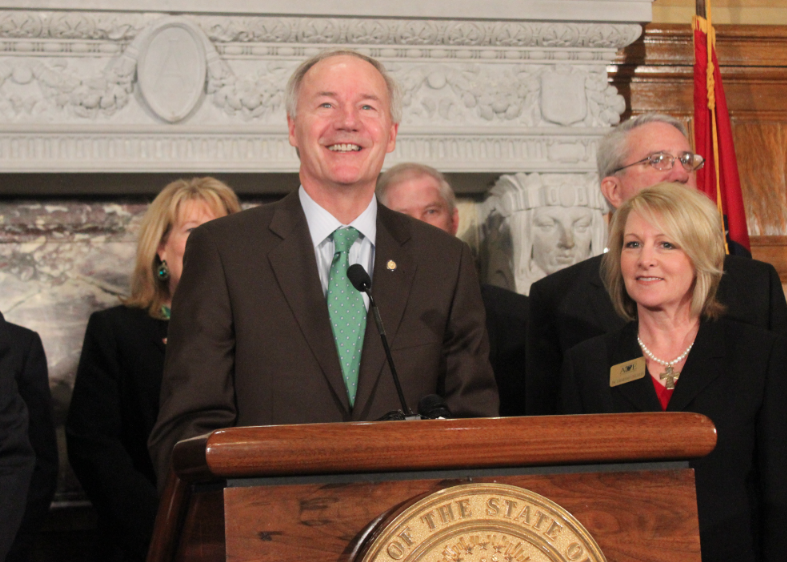 Gov. Asa Hutchinson speaks Tuesday, March 15, 2015, at a news conference at the state Capitol.