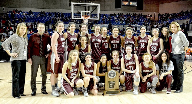 Bud Sullins/Special to the Herald-Leader The Siloam Springs Lady Panthers posed for a picture with the Class 6A state runner-up trophy after losing to Greenwood 39-31 in the Class 6A finals last Friday at Bank of the Ozarks Arena in Hot Springs. The Lady Panthers finished the season with an 18-12 record overall.