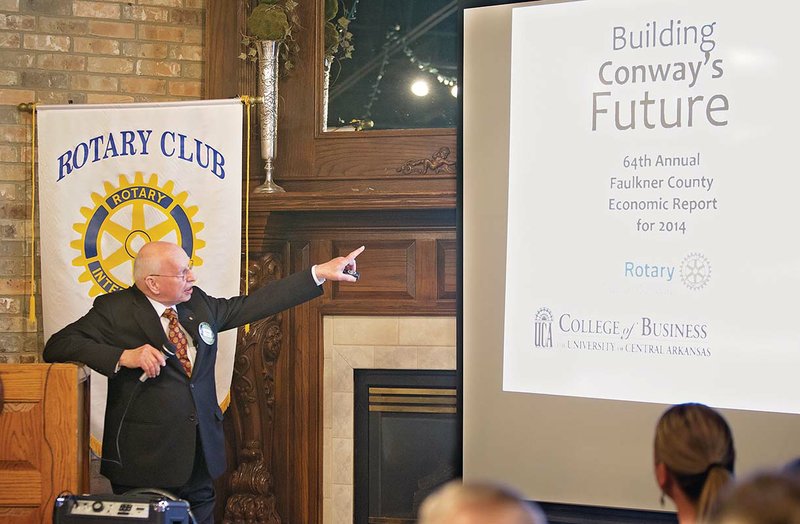 Roger Lewis presents the 64th annual Faulkner County Economic Report to the Rotary Club of Conway. Thomas Wilson, CEO of what was then First State Bank, made the first presentation in 1952. The report for 2014 shows the economy improved in Conway, although single-family building permits were sluggish. Estimated hotel sales were $19 million, with Hilton Garden Inn at No. 1 with $2.6 million.