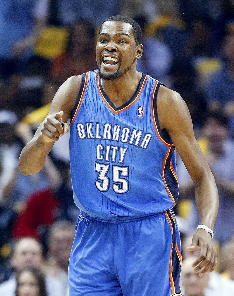 Oklahoma City Thunder forward Kevin Durant yells in the first half of Game 6 of an opening-round NBA basketball playoff series against the Memphis Grizzlies, Thursday, May 1, 2014, in Memphis, Tenn. (AP Photo/Mark Humphrey)