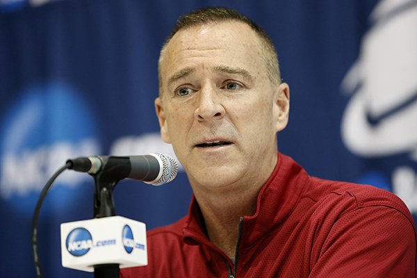 Arkansas head coach Jimmy Dykes responds to a question during a news conference for the second round of the NCAA women's college basketball tournament, Saturday, March 21, 2015, in Waco, Texas. Arkansas plays Baylor on Sunday. (AP Photo/Tony Gutierrez)
