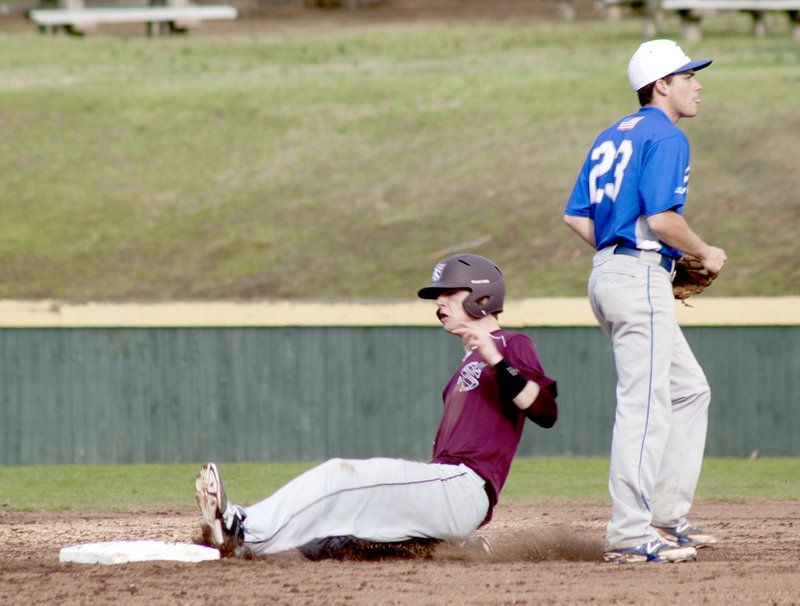 Courtesy of The Saline Courier Siloam Springs sophomore Chandler Cook slides into second base during game one of a 7A/6A-Central Conference doubleheader against Bryant on Friday. Bryant swept the doubleheader 5-0, 15-0.