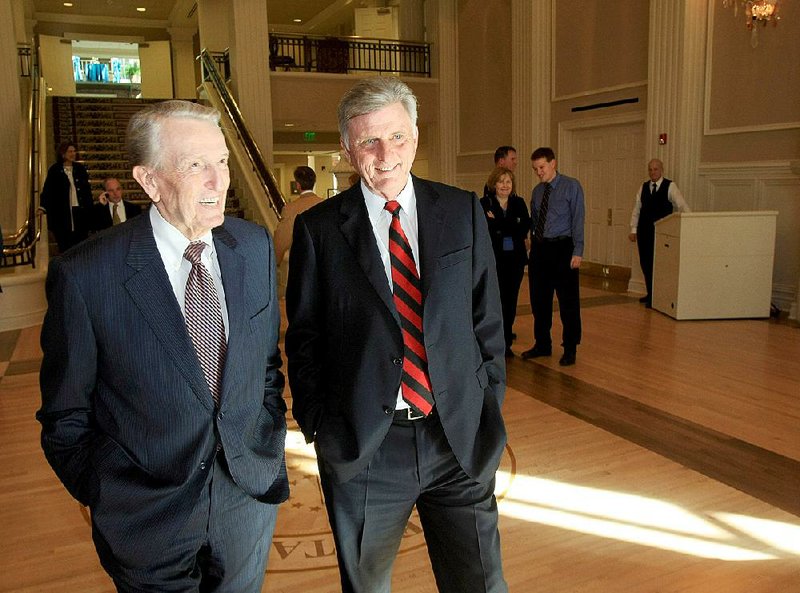 Arkansas Democrat-Gazette/STATON BREIDENTHAL  1/7/11 
Former Gov. Dale Bumpers (left) talks with Gov. Mike Beebe before the release of the new book "Open House: The Arkansas Governor's Mansion and Its Place in History"  Friday at the Governor's Mansion. 