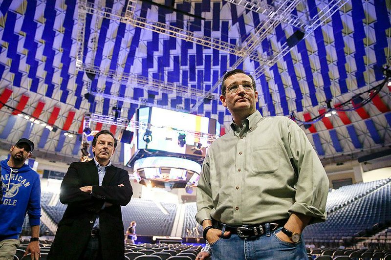 Sen. Ted Cruz, R-Texas, arrives for a walk-through for his Monday morning speech where he will launch his campaign for president of the United States at Liberty University on Sunday, March 22, 2015 in Lynchburg, Va. Cruz will be the first major candidate in the 2016 race for president. (AP Photo/Andrew Harnik)