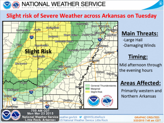 This National Weather Service graphic shows areas that may see severe weather Tuesday.