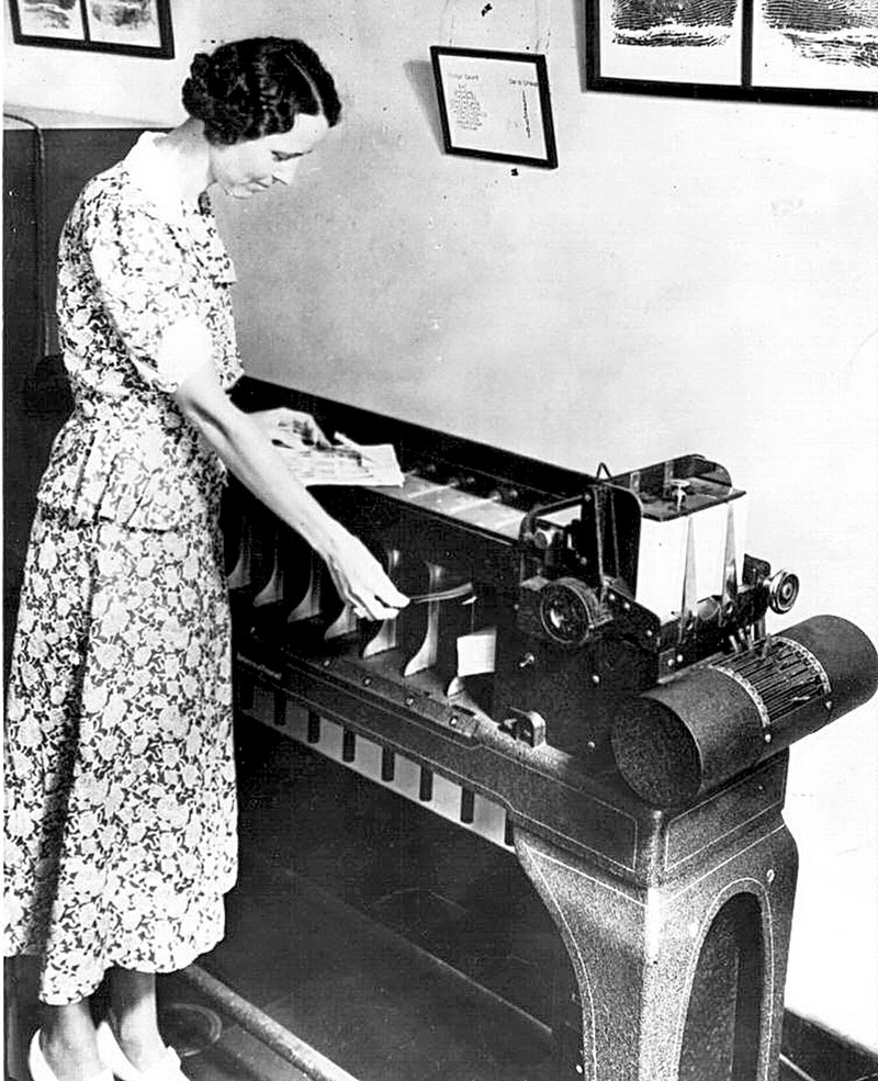 Courtesy of NY Criminal Justice website Employee Margaret McCarthy demonstrates Automated Fingerprint Searching on the new IBM card sorter in 1937.