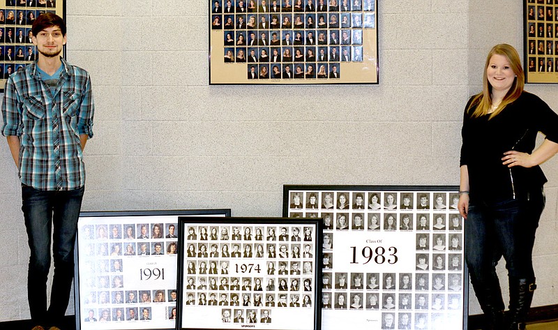 COURTESY PHOTO Jacob Smith and BaLeigh Bell, seniors at Prairie Grove High School, recreated the senior composites for the classes of 1974, 1983 and 1991 to hang in the hallway along with composites from all other years. The three years were missing for various reasons. The photo above shows the composites they created in a new senior course at the high school.