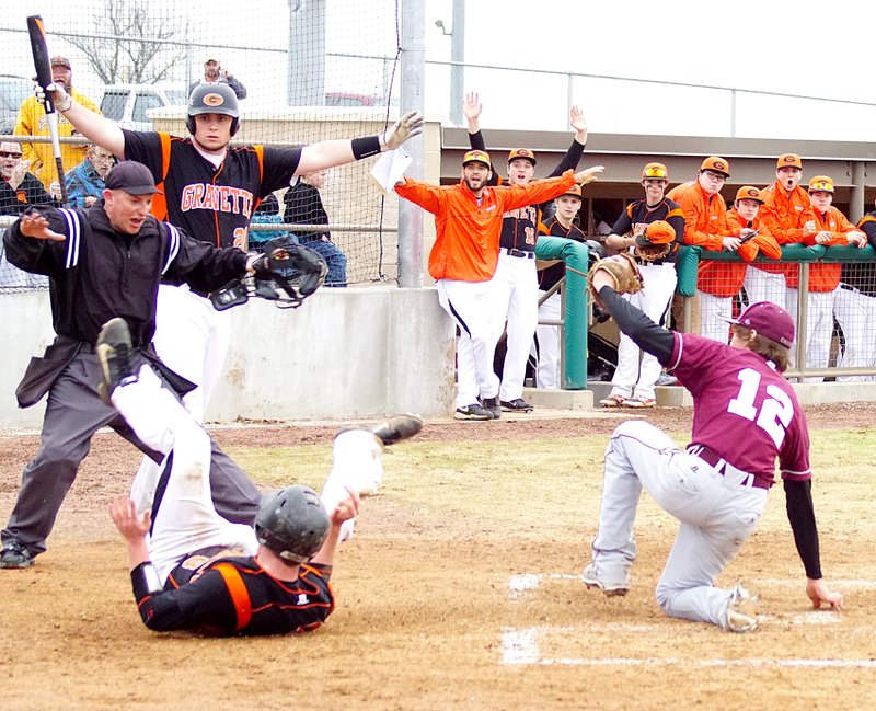 Photo by Randy Moll Jackson Soule&#8217; is called safe after sliding across the plate ahead of the Huntsville pitcher&#8217;s tag during play between the two teams in Gravette on Friday.