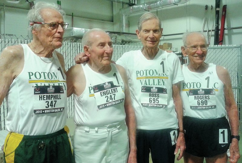 Courtesy photo This four-man relay team of (from left) Dixon Hemphill, Roy Englert, Charles Ross and Orville Rogers broke the world 90M record in the 4x800 relay at the USATF Masters Indoor Championships in Winston-Salem, N.C. The team clocked a 29:47.68 to set the record.