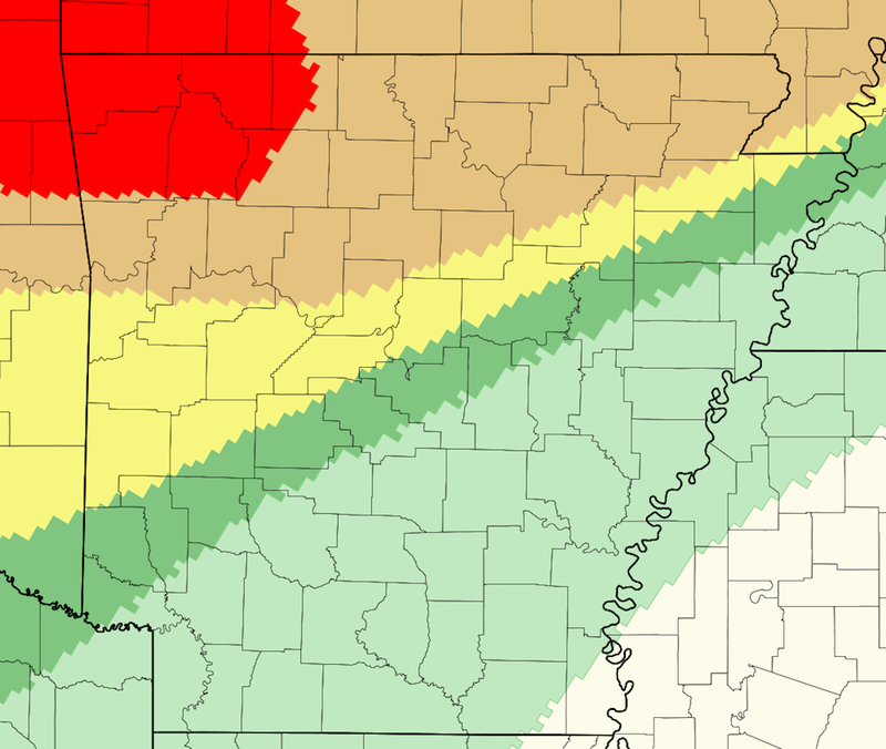 This National Weather Service graphic shows in red that the state's far northwest faces "moderate risk" of severe weather Wednesday, March 25, 2015.