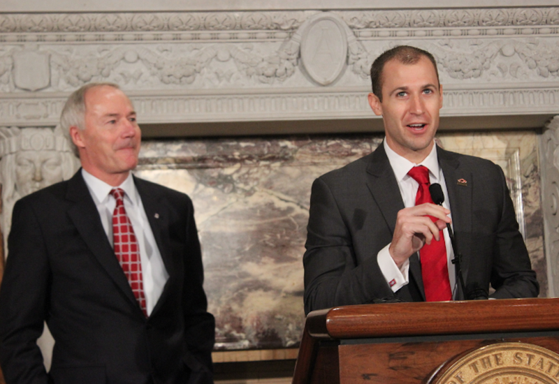 Gov. Asa Hutchinson introduced Mike Preston, formerly the director of Government Relations for Enterprise Florida, as the new Arkansas Economic Development Commission director Thursday, March 26, 2015, 