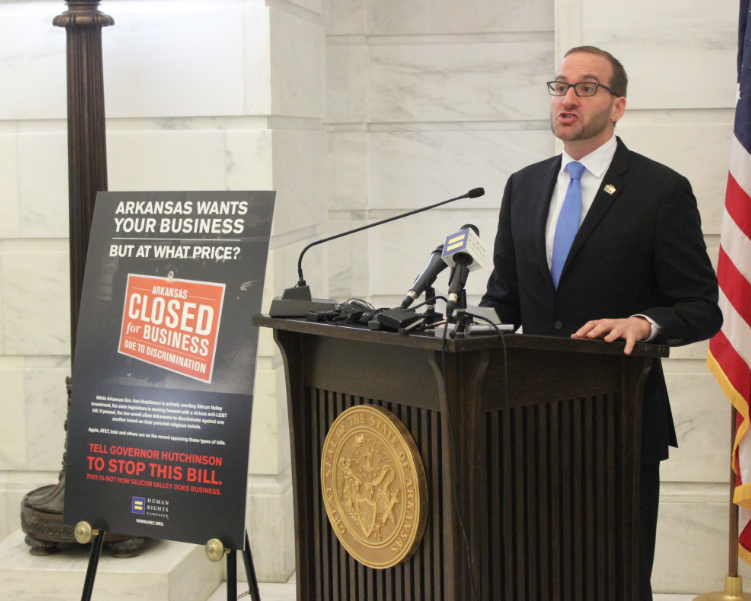 Human Rights Campaign president Chad Griffin speaks at a news conference Thursday at the Arkansas state Capitol.
