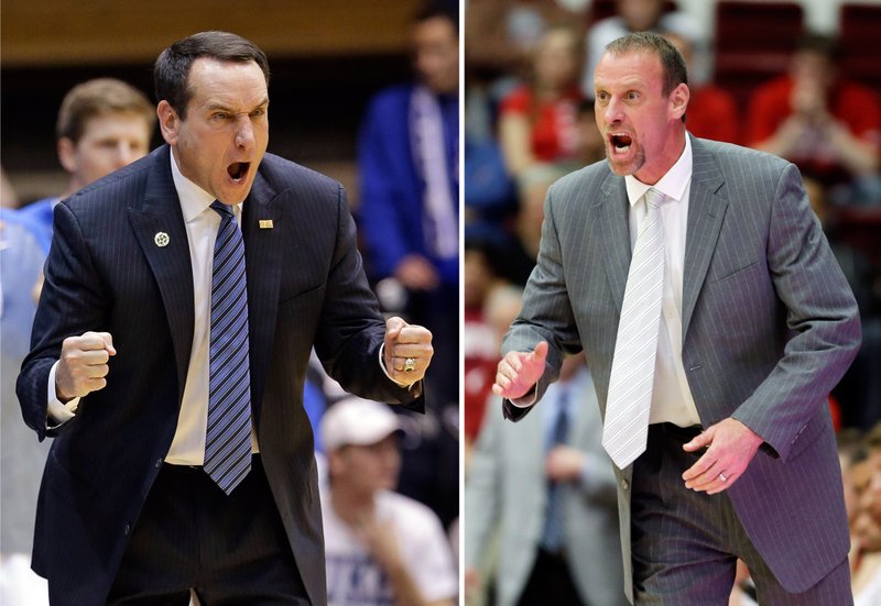 At left, in a Feb. 18, 2015, file photo, Duke coach Mike Krzyzewski yells during the first half of his team's NCAA college basketball game against North Carolina in Durham, N.C. At right, in a March 8, 2014, file photo, Utah head coach Larry Krystkowiak shouts from the bench during the second half of their NCAA college basketball game against Stanford in Stanford, Calif. Duke and Utah play on Friday, March 27, 2015, in the regional semifinals of the NCAA Tournament in Houston