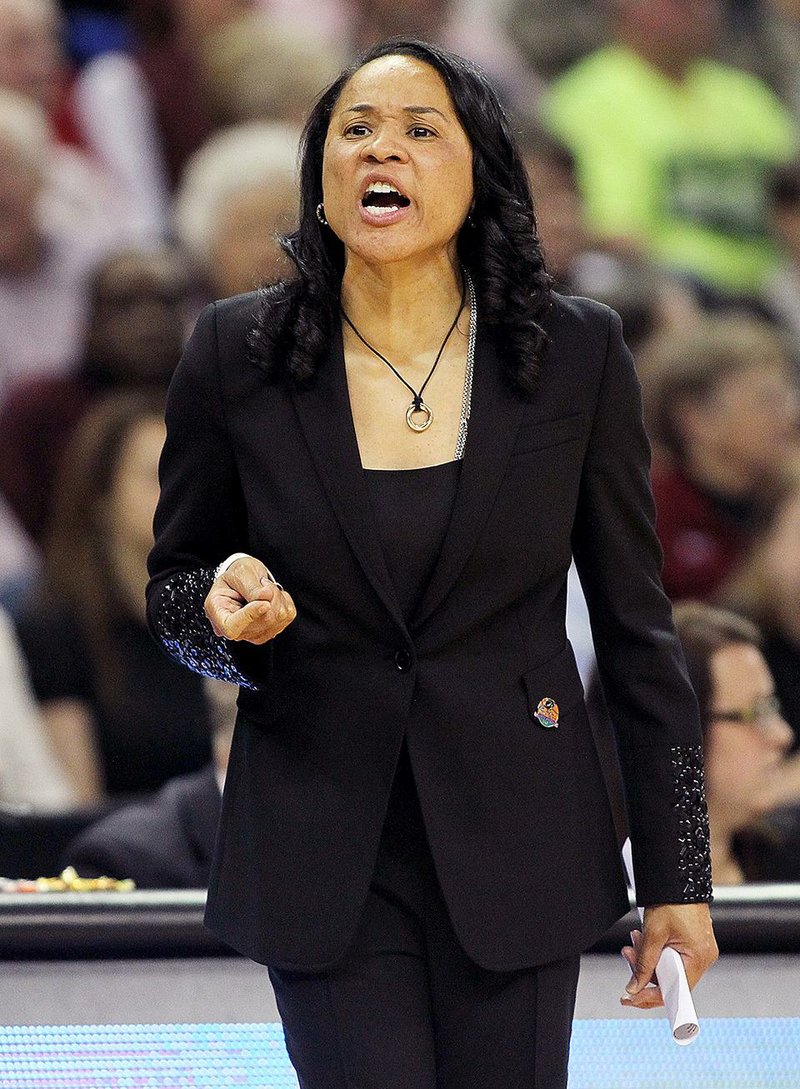 South Carolina head coach Dawn Staley reacts during the second half of a women's college basketball game against Savannah State in the first round of the NCAA tournament, Friday, March 20, 2015, in Columbia, S.C. South Carolina won 81-48. 