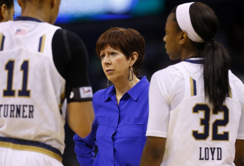 Notre Dame head coach Muffet McGraw huddles with the team against Stanford during the second half of a women's college basketball regional semifinal game in the NCAA Tournament, Friday, March 27, 2015, in Oklahoma City.