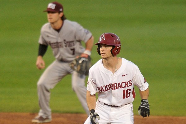 Arkansas base runner Andrew Benintendi (16) gets a lead from second base during a game against Missouri State on Tuesday, March 31, 2015, at Baum Stadium in Fayetteville. 