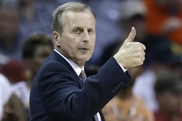 In this March 12, 2015, file photo, Texas coach Rick Barnes give his team a thumbs-up during the second half of an NCAA college basketball game against Iowa State in the quarterfinals of the Big 12 Conference tournament in Kansas City, Mo. (AP Photo/Orlin Wagner, File)