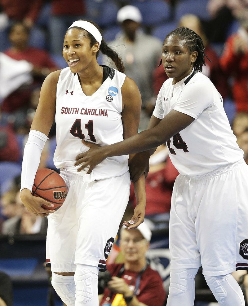 South Carolina’s Aleighsa Welch (right), shown with teammate Alaina Coats during Sunday’s Greensboro Region final victory over Florida State, has led the Gamecocks to their first appearance in the Women’s Final Four. 