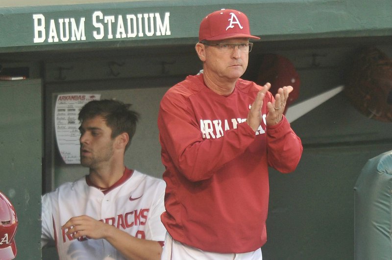 Arkansas coach Dave Van Horn yells encouragement to his team during the Missouri State game on March 31, 2015, at Baum Stadium.