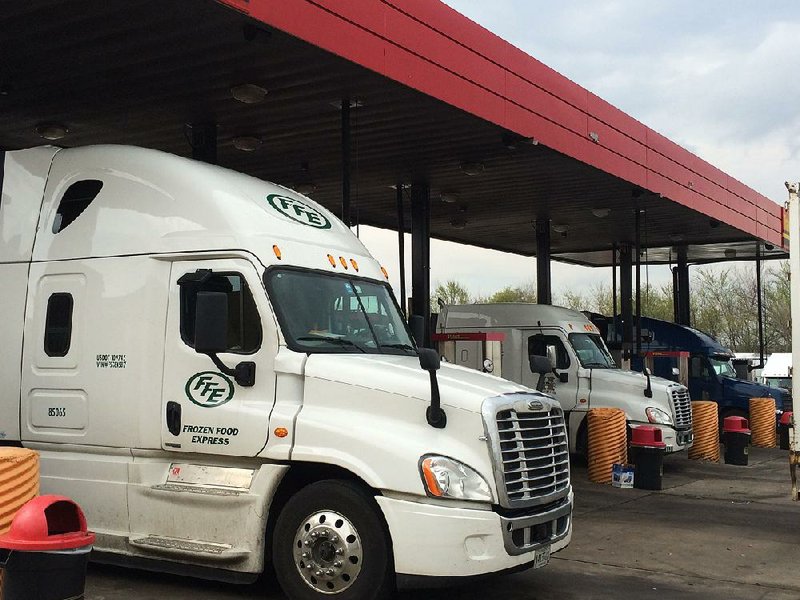 Trucks line up at the Pilot Travel Center in Springdale. Some transportation companies — like J.B. Hunt and Maverick USA — are pushing for hair testing to be an accepted method of drug screening in the industry. 