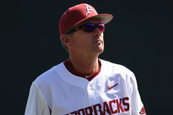 Arkansas coach Dave Van Horn prepares for Gonzaga Wednesday, March 11, 2015, at Baum Stadium in Fayetteville.