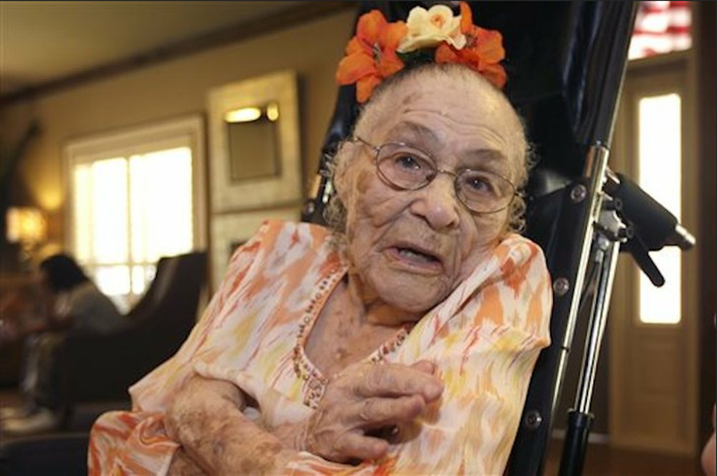 Gertrude Weaver is seen a day before her 116th birthday in this July 3, 2014 file photo. Weaver died on April 6, 2015, just five days after becoming the oldest person in the world.