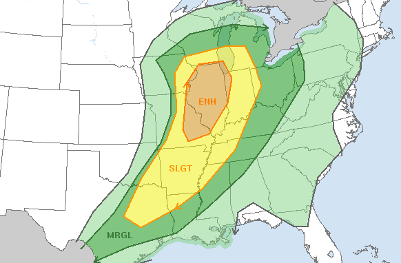 Virtually the entire state is under a slight risk for severe weather Thursday.