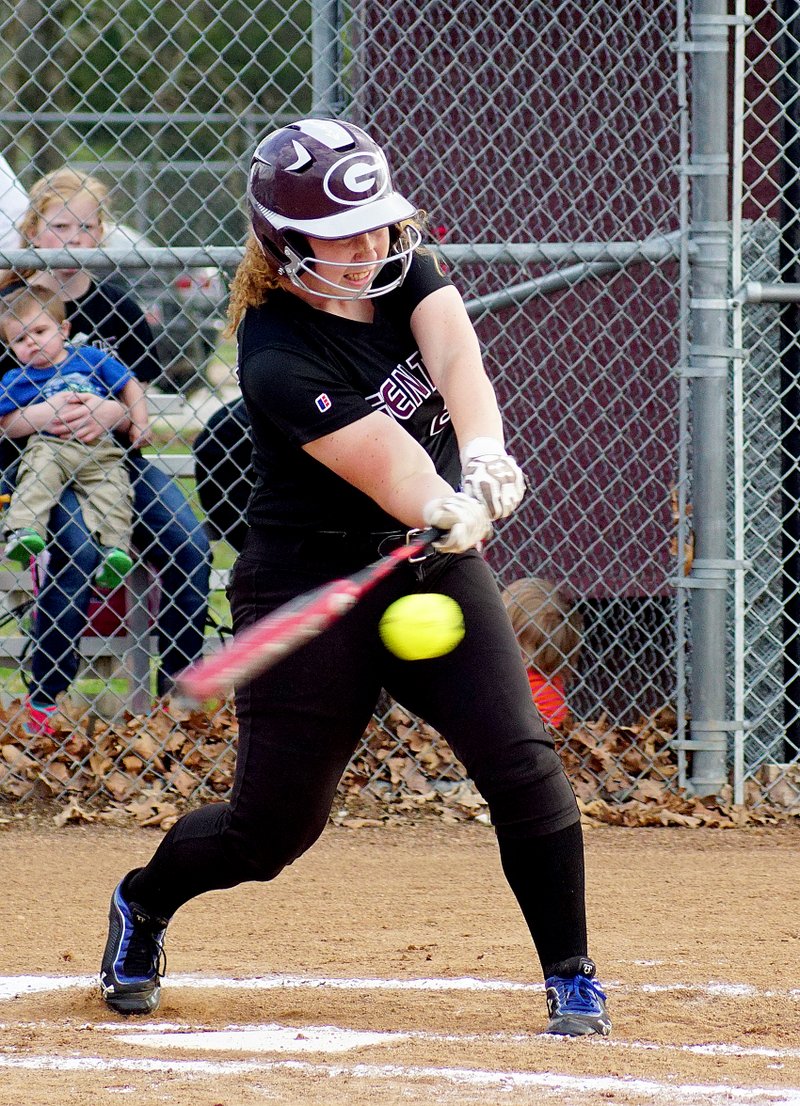 Photo by Randy Moll Christina Campbell connects for a single in play against Berryville on Thursday at the Merrill Reynolds Memorial Complex at Gentry High School.