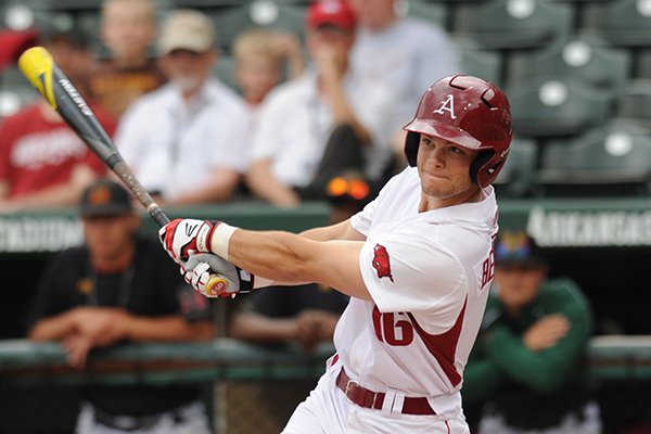 Andrew Benintendi of Arkansas connects with the ball against Mississippi Valley State during the fourth inning Wednesday, April 8, 2015, at Baum Stadium in Fayetteville.
