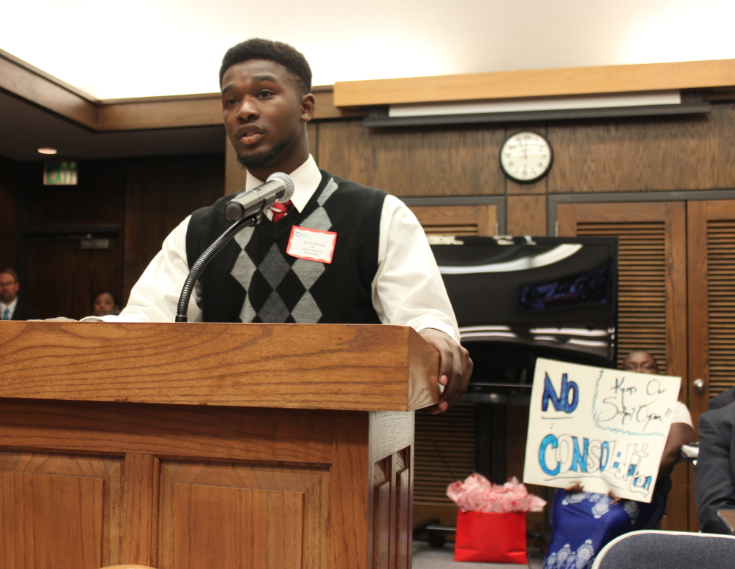 Adrick Smith, 17, asks the state Board of Education not to consolidate the Hughes School District during a meeting Thursday.