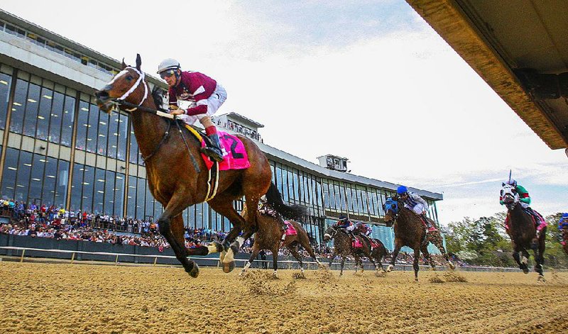 4/10/15
Arkansas Democrat-Gazette/STEPHEN B. John Velazquez stands up aboard Untapable before he crosses the finish line to win The Apple Blossom Friday afternoon at Oaklawn Park  in Hot Springs.