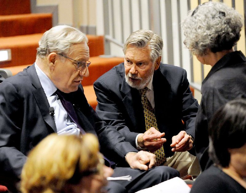 NWA Democrat-Gazette/ANDY SHUPE - Renown journalist and author Bob Woodward (left) speaks with retired journalist and author Roy Reed (center) and Donna Lonchar, metro editor for the Northwest Arkansas Democrat-Gazette, Thursday, April 9, 2015, before Woodward spoke at the Hillside Auditorium on the University of Arkansas campus in Fayetteville as a part of the Journalism Days celebration at the university.