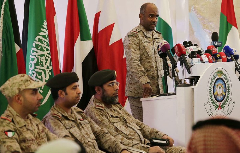Saudi military spokesman Ahmed Asiri briefs journalists Tuesday on the Saudi-led coalition’s strikes on Houthi rebels in Yemen, during a news conference in Riyadh. 