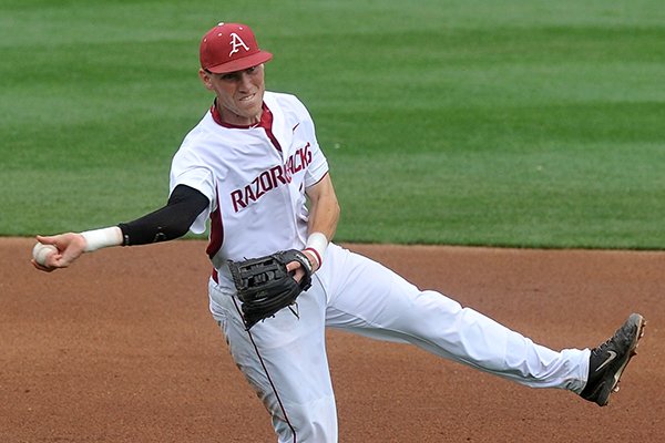 Arkansas third baseman Bobby Wernes throws the ball during a game against Stephen F. Austin on Wednesday, April 15, 2015, at Baum Stadium in Fayetteville. 