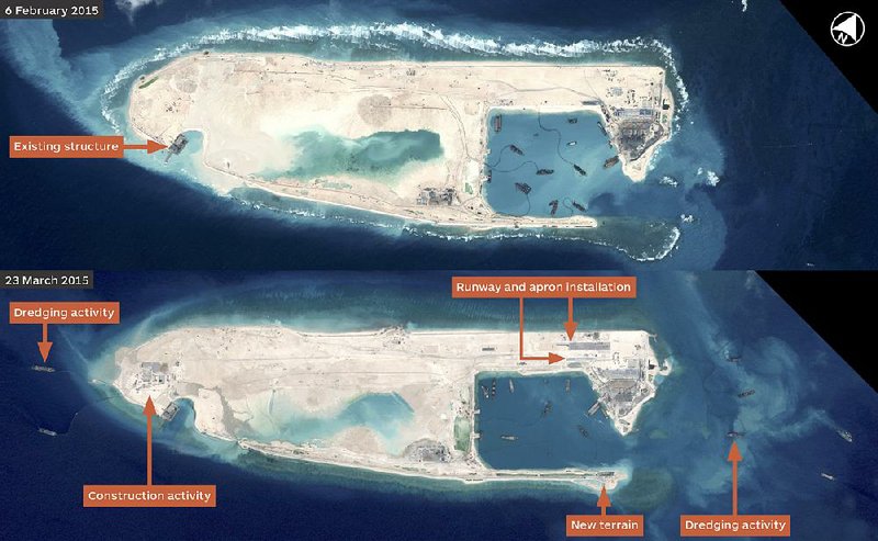 Handout satellite images show before and after views of Chinese construction between Feb. 6 and March 23 on Fiery Cross Reef in the Spratly Islands. The concrete runway shown in the lower image will be able to accommodate military aircraft, officials say.