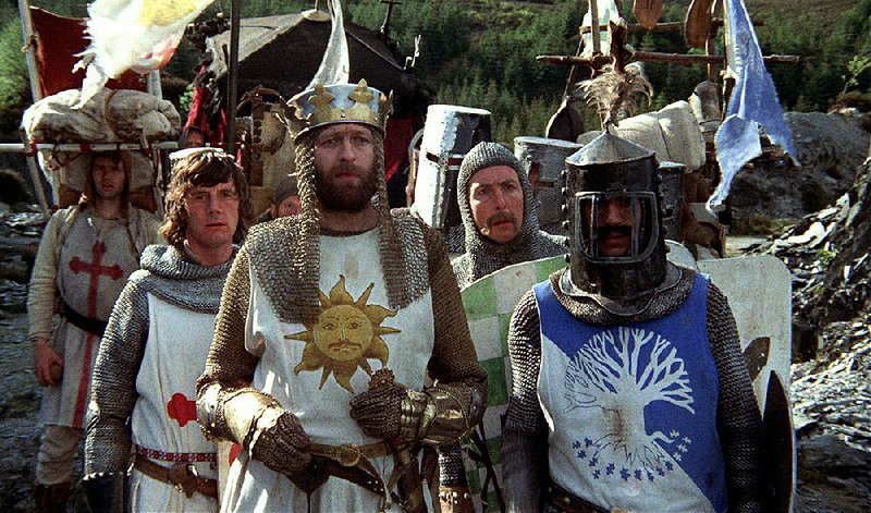 Sir Galahad the Pure (Michael Palin), King Arthur (Graham Chapman), Sir Robin (Eric Idle) and Sir Bedevere (Terry Jones) star in Monty Python and the Holy Grail, the 1975 film that is celebrating its 40th anniversary at this year’s Tribeca Film Festival.