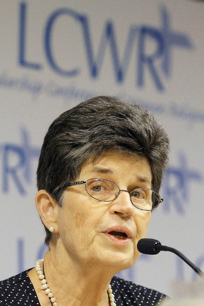 Outgoing President of The Leadership Conference of Women Religious Sister Pat Farrell speaks to reporters Friday, Aug. 10, 2012 in St. Louis. The largest U.S. group for Roman Catholic nuns got together to decide how they should respond to a Vatican rebuke and order for reform. 